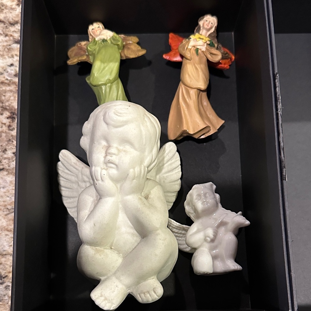 Set of Angel Figurines in Green, Brown, and White